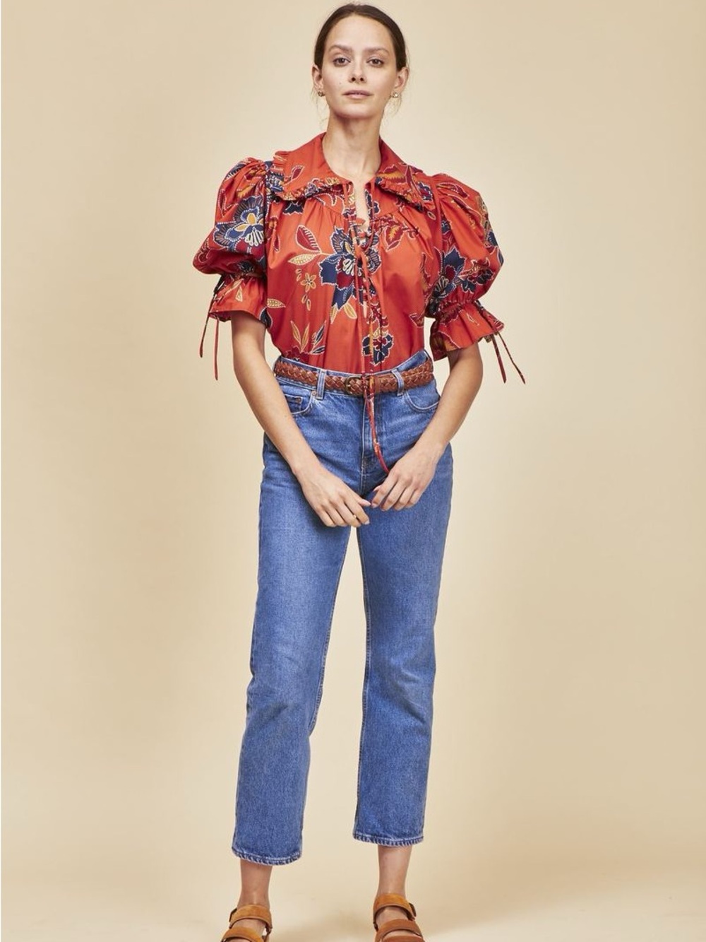 HUNTER BELL Mayfair Red Willow Floral Puff-Sleeve Tie-Neck Blouse